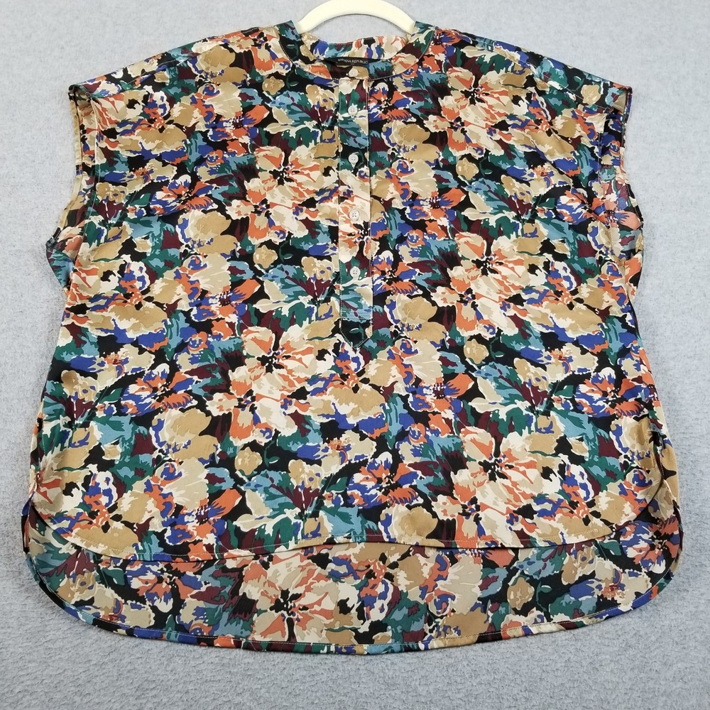 Banana Republic Blouse Womens M Medium Floral Satin Short Sleeve Henley Career